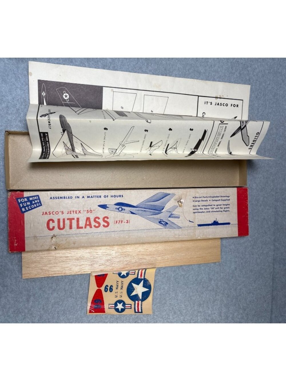Jascos Jetex 50 Cutlass F7F-3 Model Airplane Kit (read desc) 1950s U.S. Navy Des